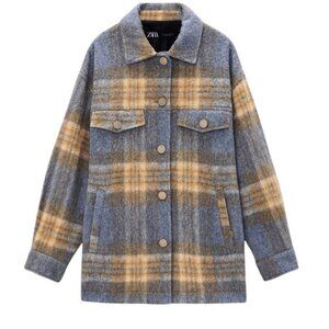 Zara Wool Blue Yellow White Plaid Shacket Wool Jacket Sz Medium
